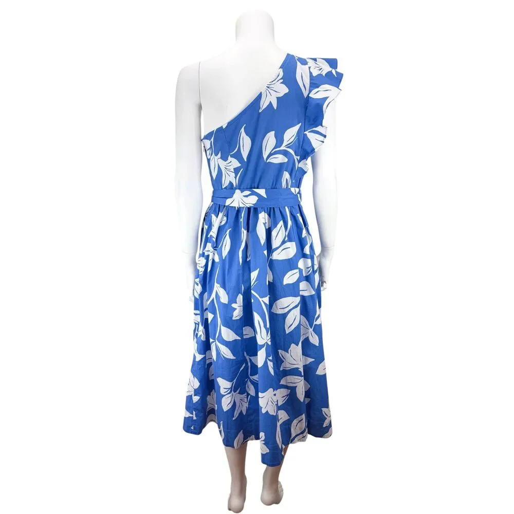 J. Crew Factory Women's One Shoulder Floral Midi Dress Blue Size 10 NWT